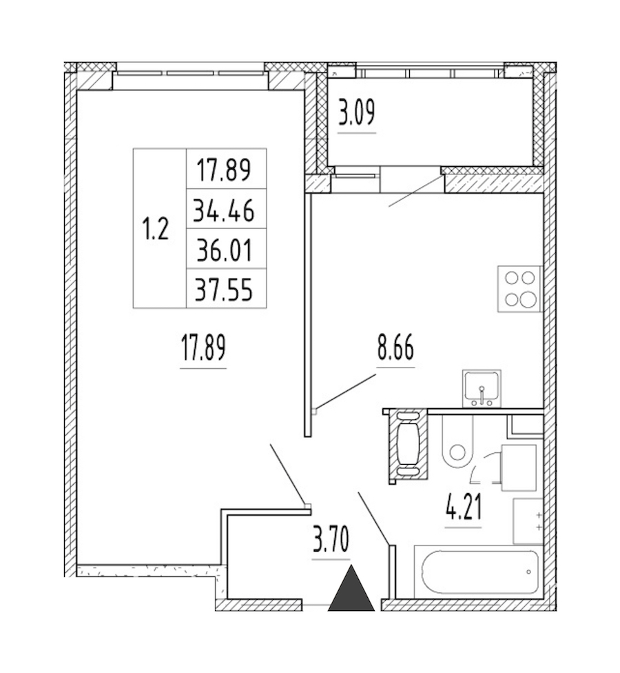 1-комнатная квартира 34.46 м², 12/12 эт., ЖК «Полис Приморский 2»